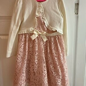 Bonnie Jean Cream Cardigan with Pink Lace Dress